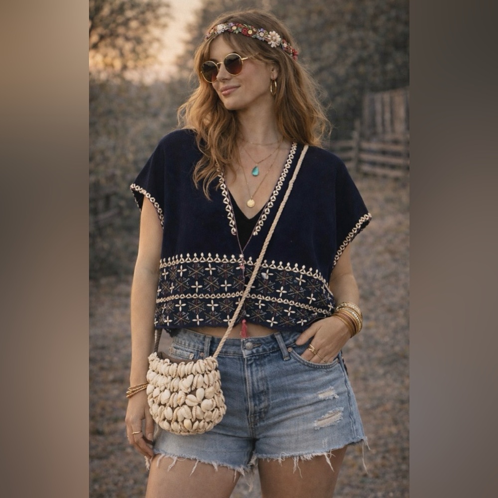 Vintage 70’s shell bead and embroidered serape poncho- navy color